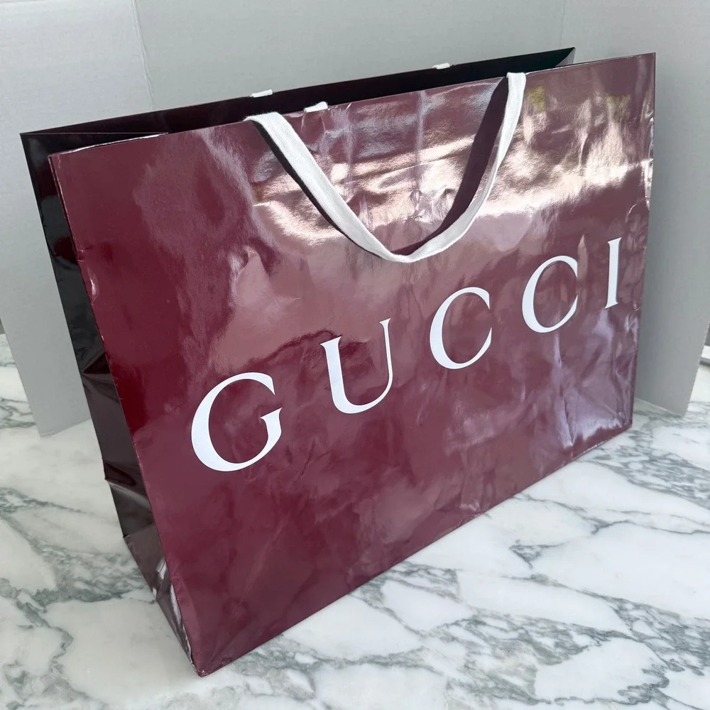 Gucci Large Glossy Burgundy Shopping Bag White Logo Rope Handles 23x17x7.5